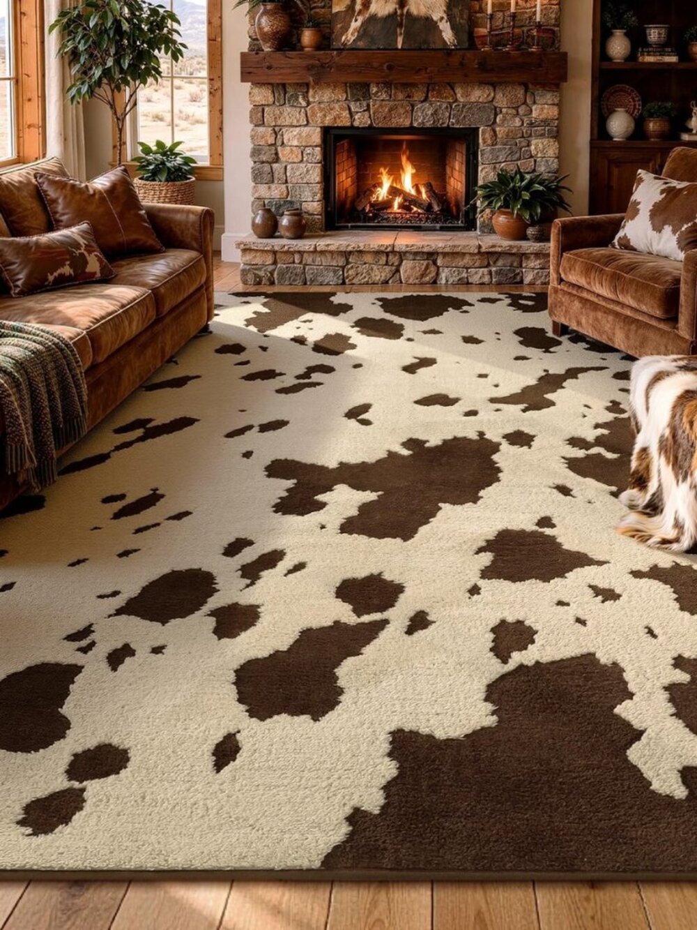 Cowhide Large Area Rugs 8×10 Ft, Washable Plush Soft Brown and Cream Cow Rug